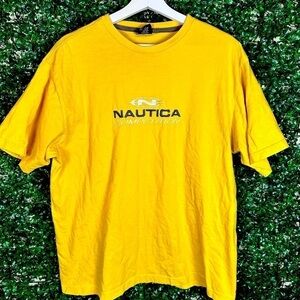 Vintage NAUTICA Competition T-Shirt Size XL Spell Out Logo USA -Yellow